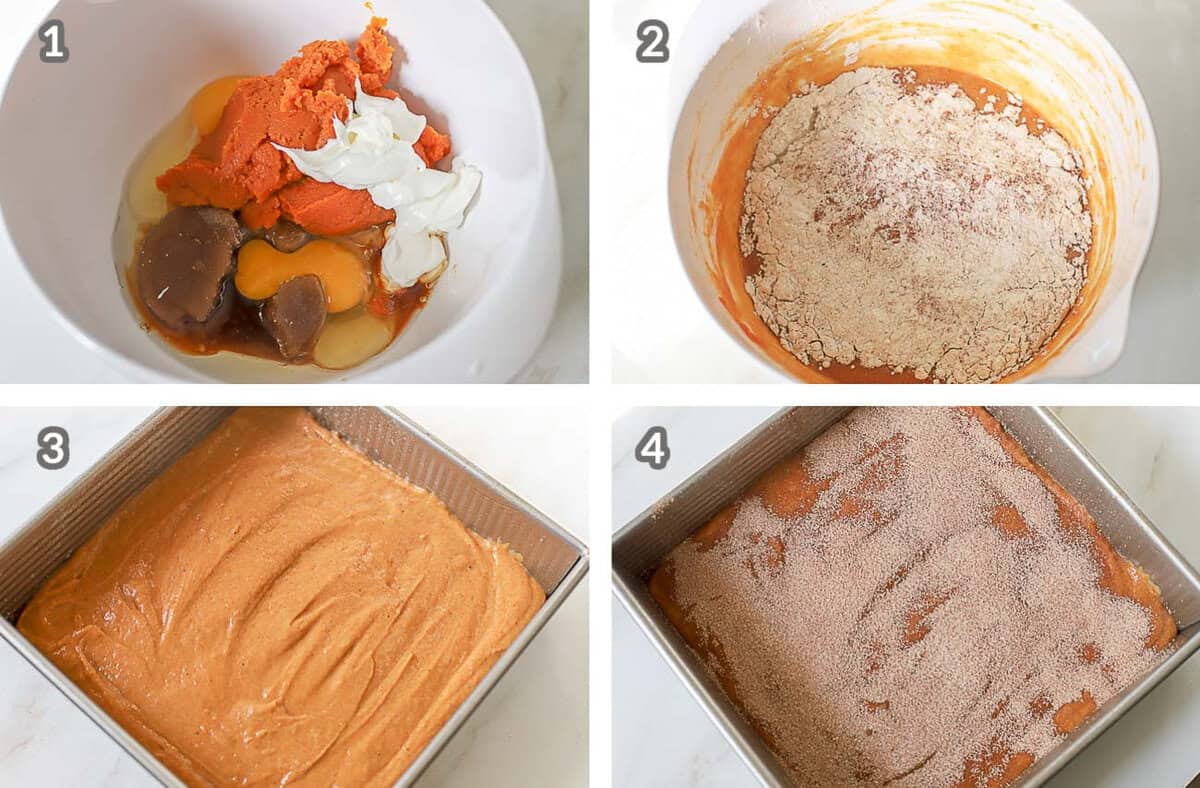 Collage of four photos showing how to make a pumpkin cake (batter in a white bowl, and in a square baking pan).