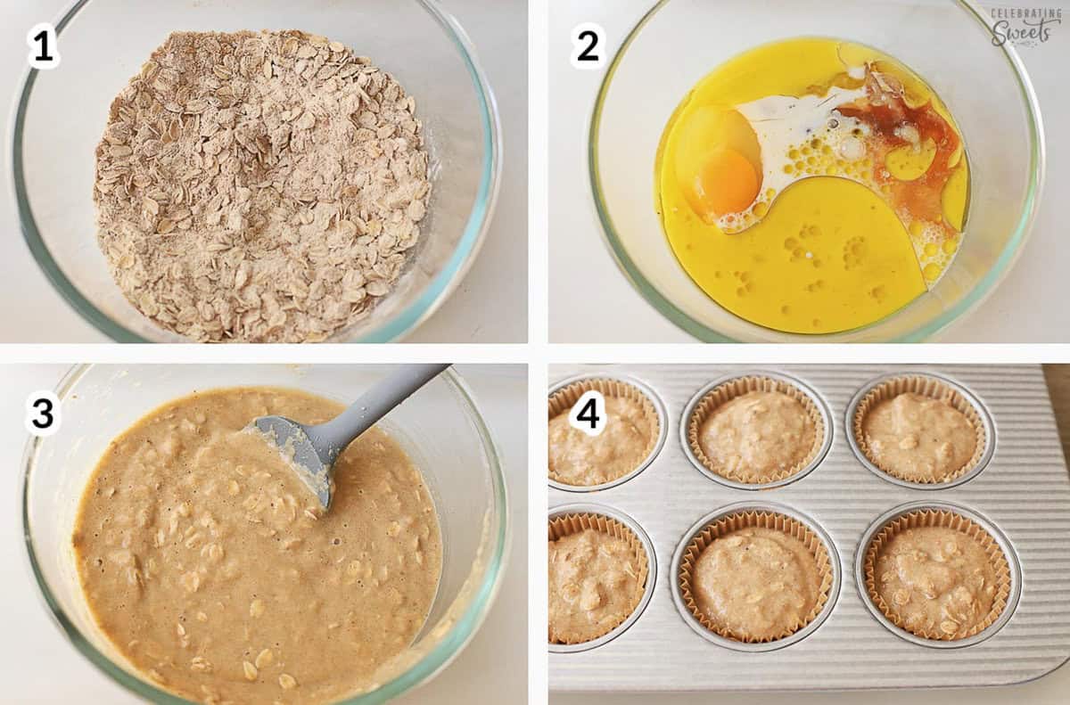 Collage of four photos showing how to make apple oatmeal muffins (batter in a glass bowl, muffin batter in a muffin pan).