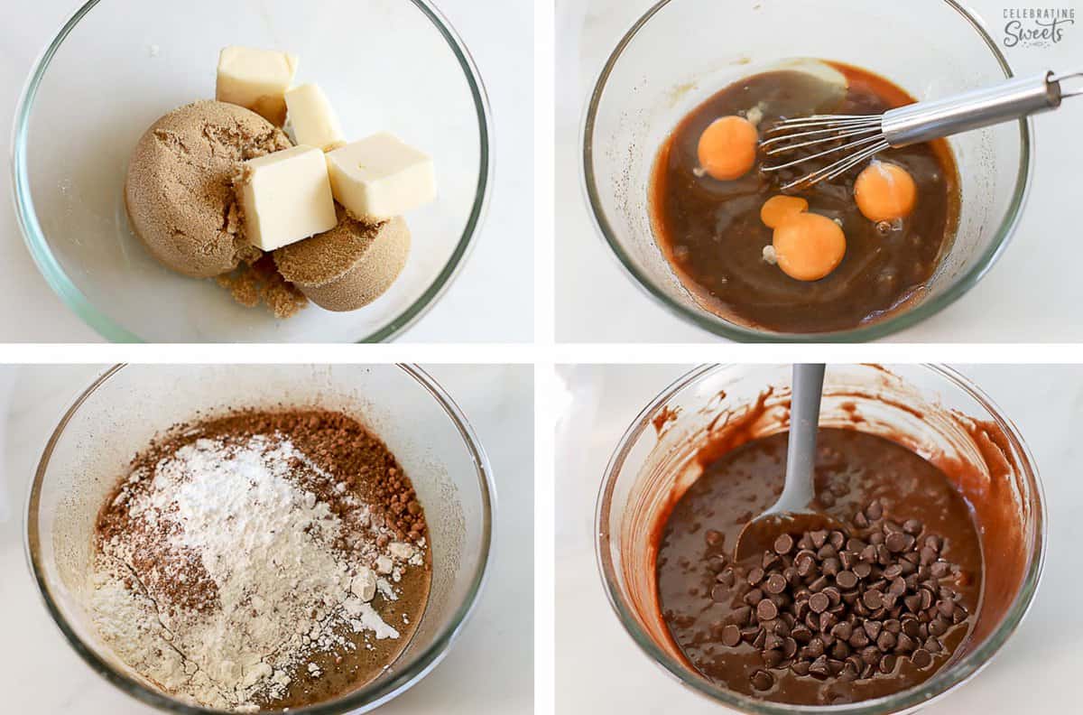 Collage of four photos making chewy brownie batter (batter in a glass bowl with a grey spatula).