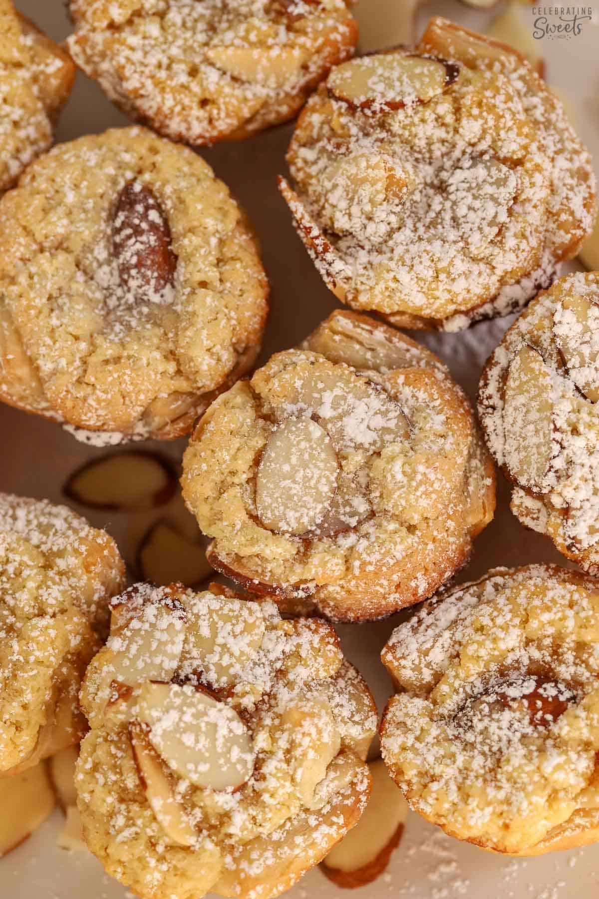 Overhead photo of almond croissant bites dusted with powdered sugar.