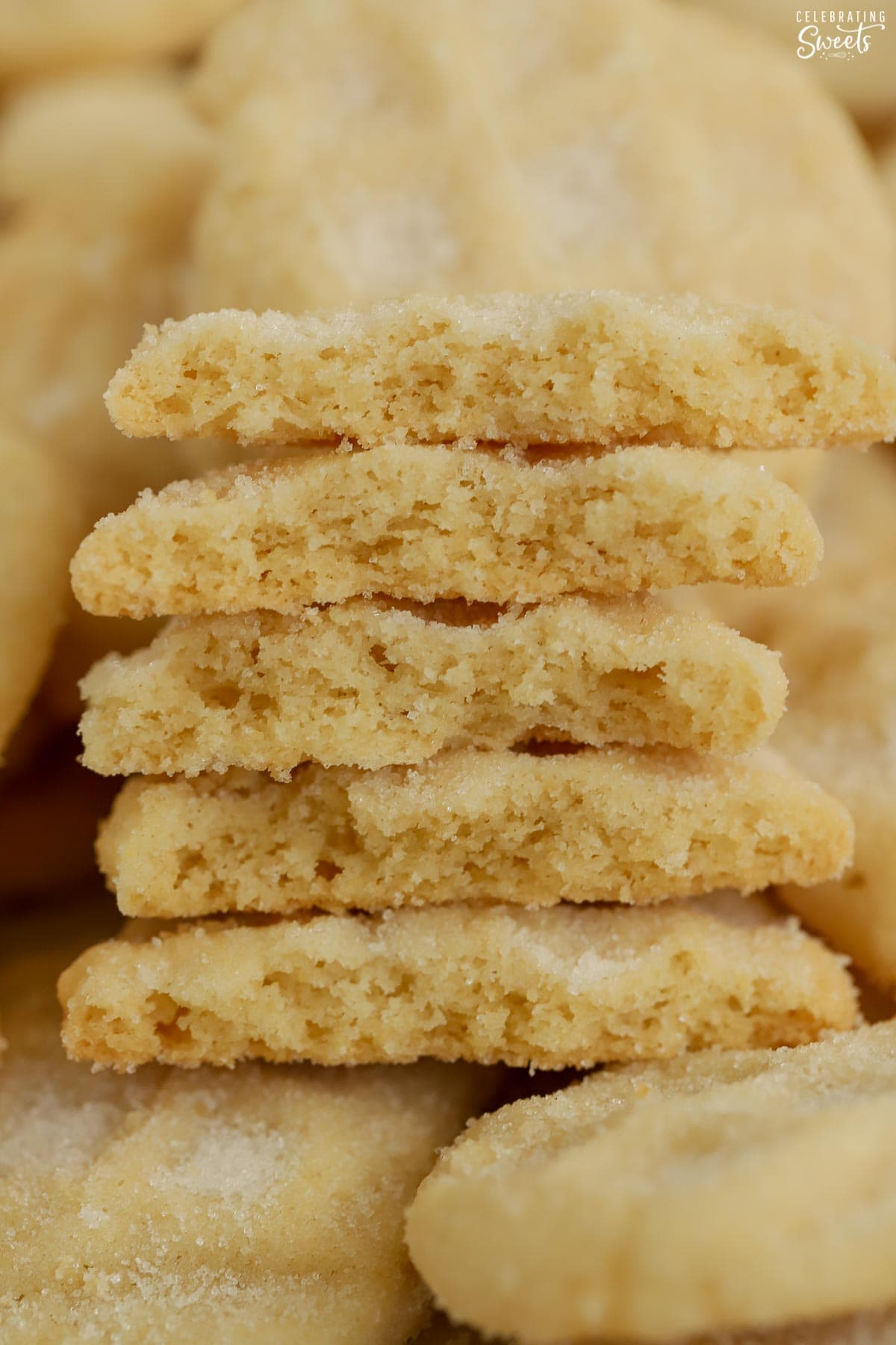 Closeup of mini sugar cookies broken in half.