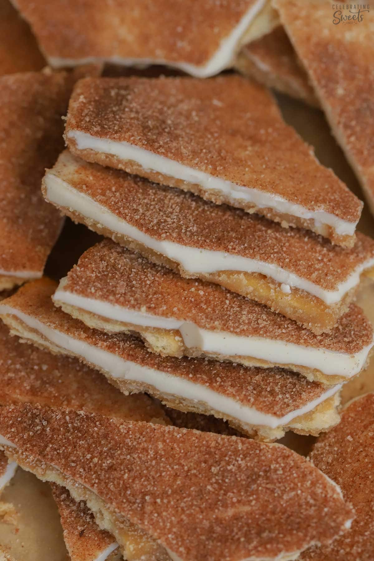 Closeup of churro toffee topped with cinnamon sugar.