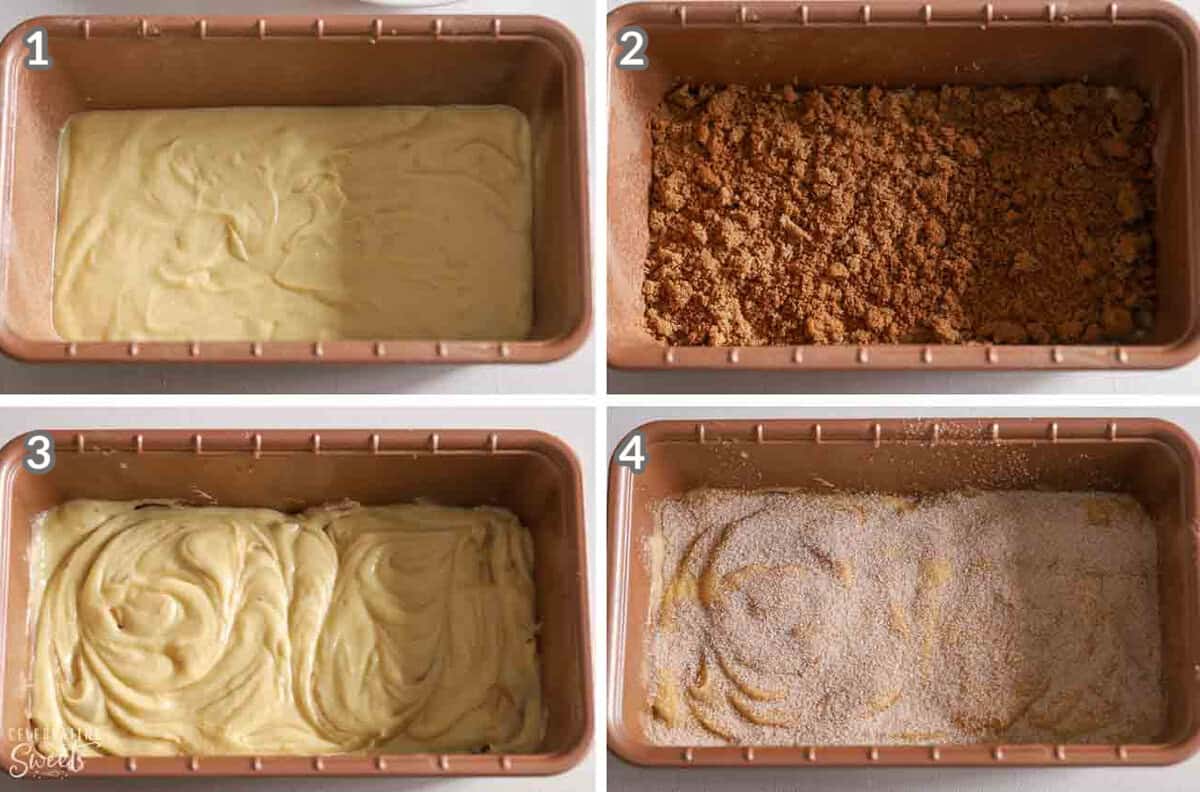 Collage of four photos showing cinnamon bread batter in a rose gold loaf pan.