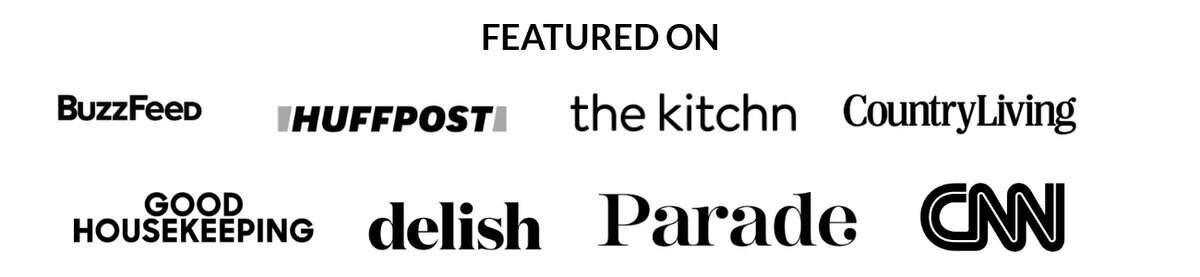 Black and white logos of: cnn, buzzfeed, country living, the kitchn, huffpost, delish, and parade.