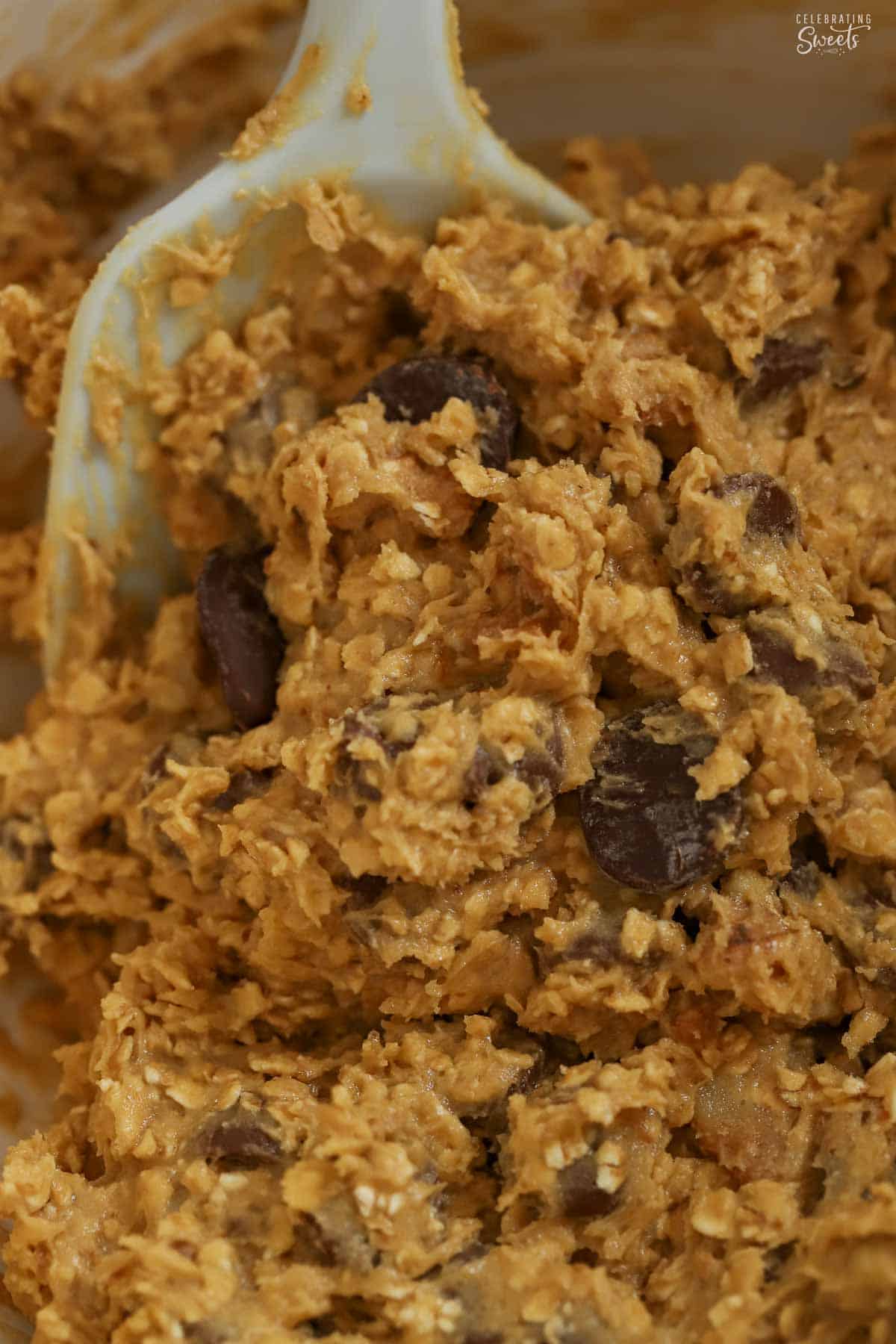 Closeup of oatmeal chocolate chip cookie dough.