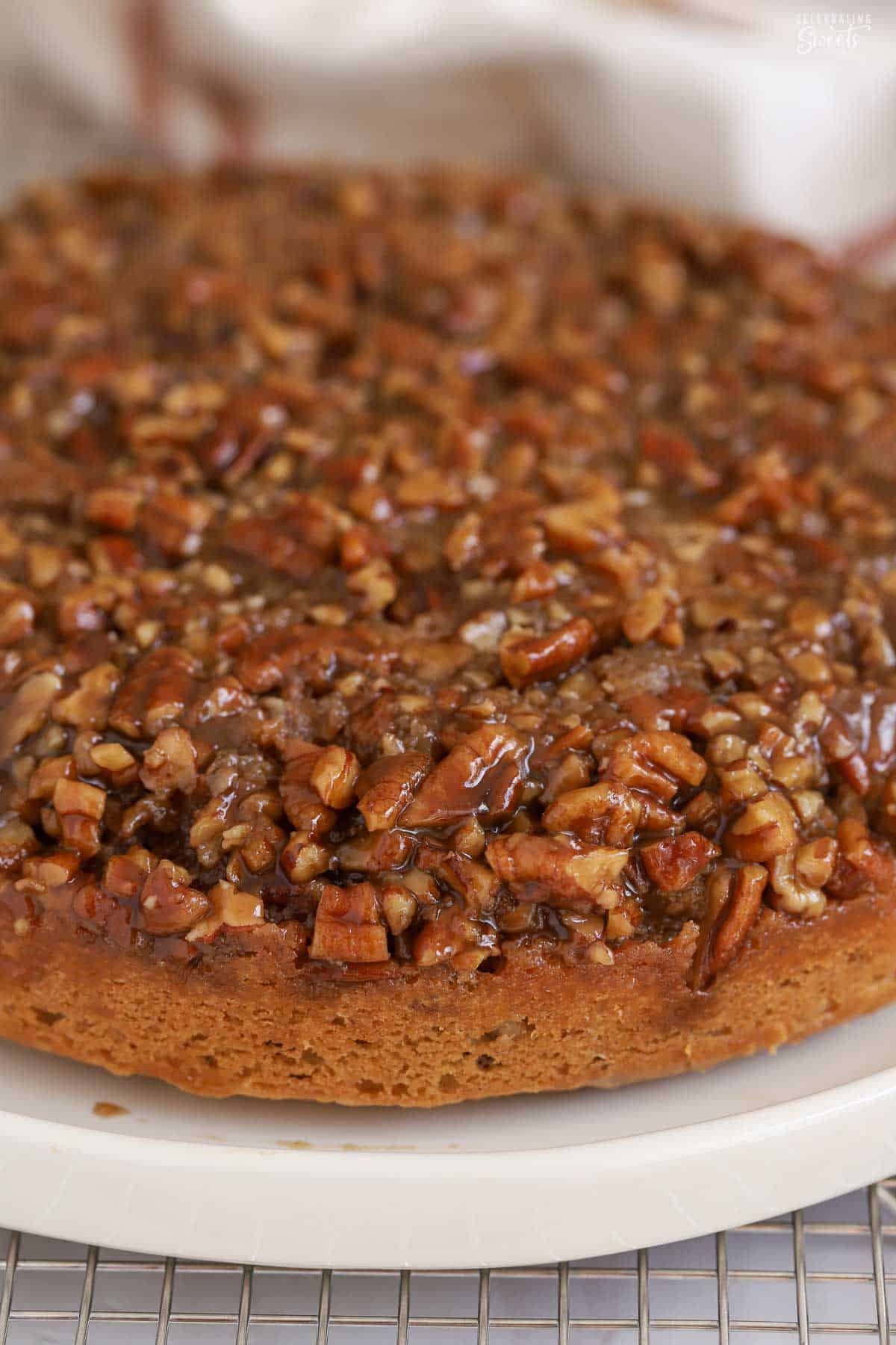 Closeup of pecan topped cake on a white plate sitting on a wire rack.