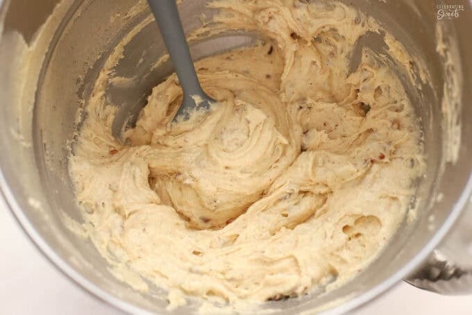 Pecan pie cake batter in a stainless bowl.