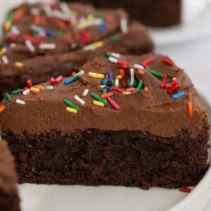 Slice of brownie cake topped with chocolate frosting and rainbow sprinkles.
