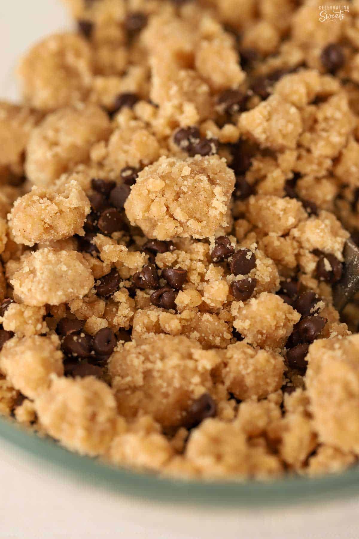 Closeup of chocolate chip crumb topping.