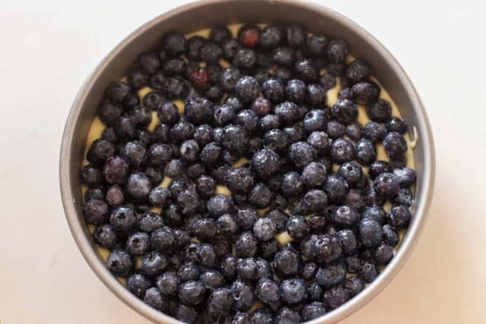 Unbaked cake topped with blueberries in a round cake pan.