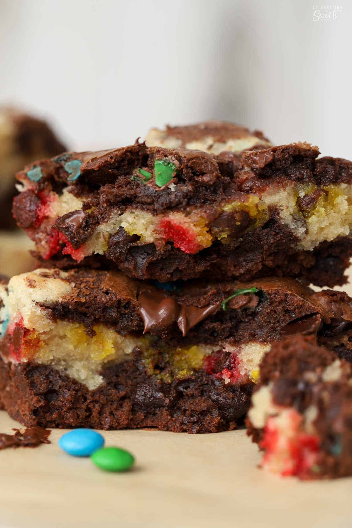One M&M brookie broke in half and stacked on top of each other.