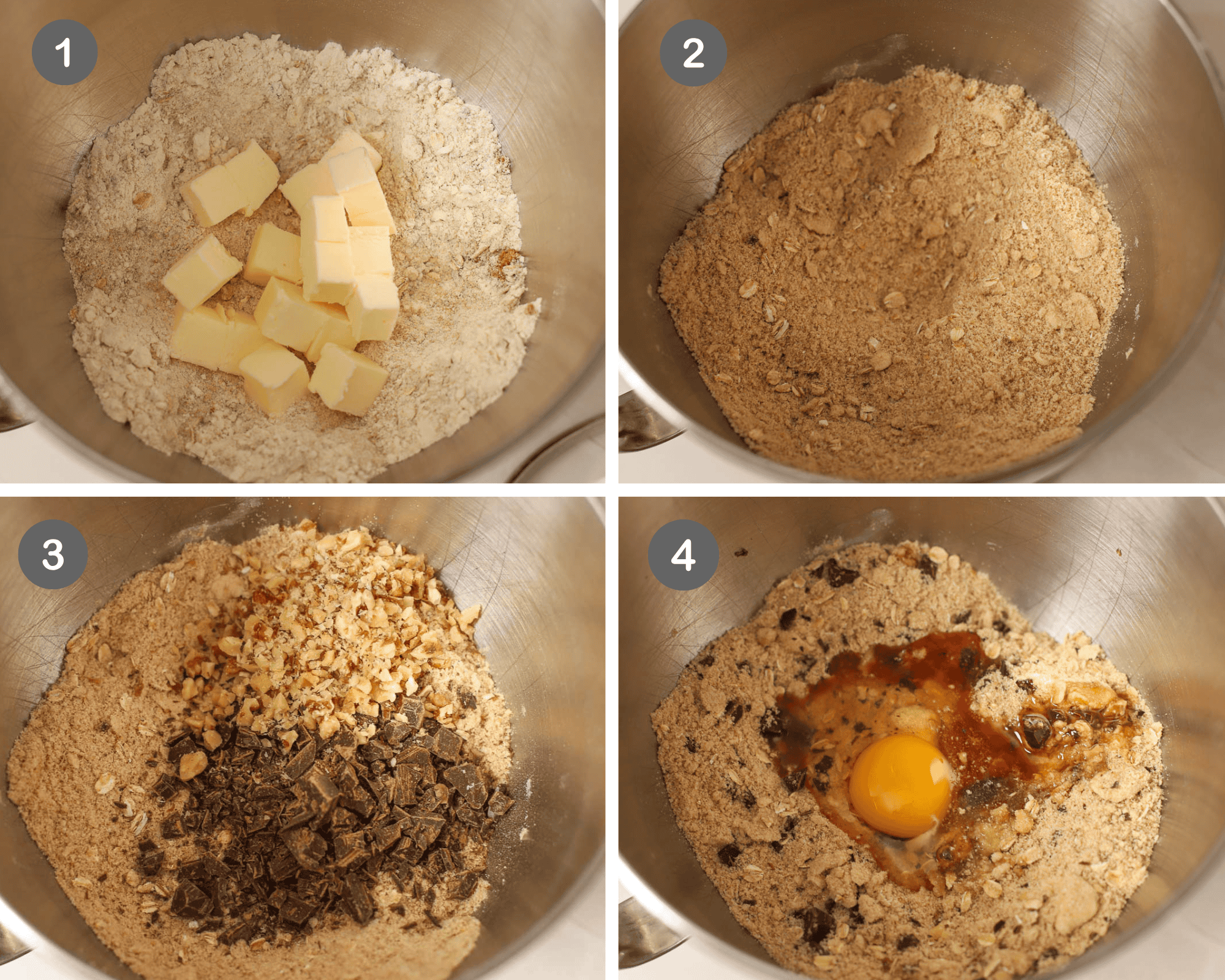 Collage of four photos showing oatmeal chocolate chip cookie dough in a metal bowl.