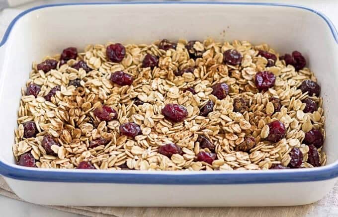 Oats, cinnamon, and dried cranberries in a blue and white baking dish.