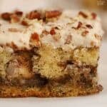 Closeup of maple pecan cake with cinnamon swirls.