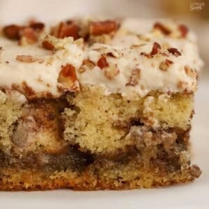 Closeup of maple pecan cake with cinnamon swirls.